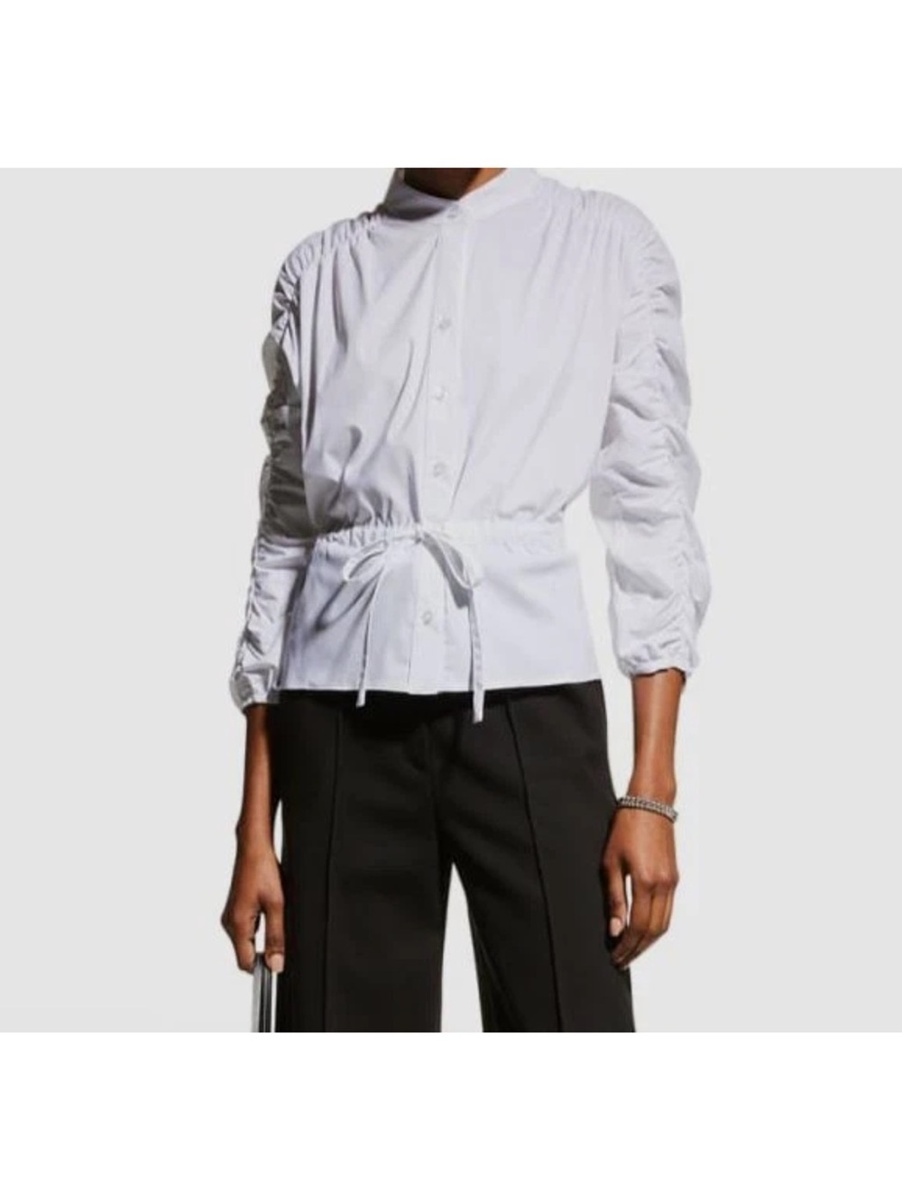 Finley White Ruched Sleeve Drawstring Waist Button Front Blouse Size XS